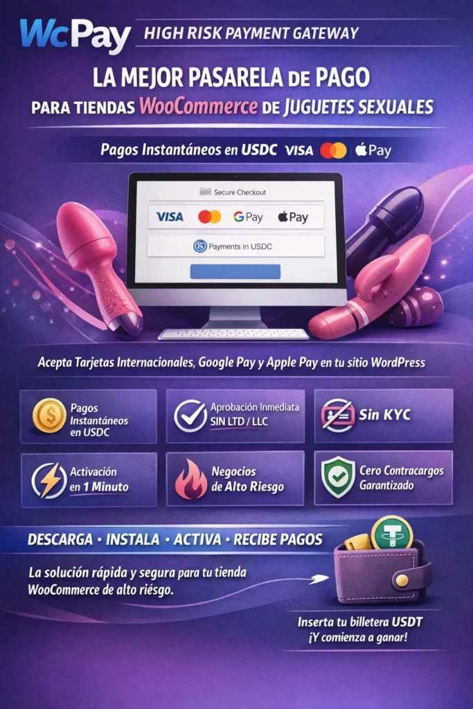 Mejor pasarela de pago para sex shops en WooCommerce con pagos instantáneos en USDC y sin KYC