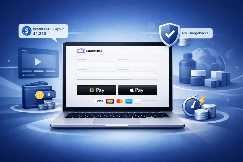 Google Pay and Apple Pay enabled on a high-risk WooCommerce checkout with instant USDC payouts and secure payment processing