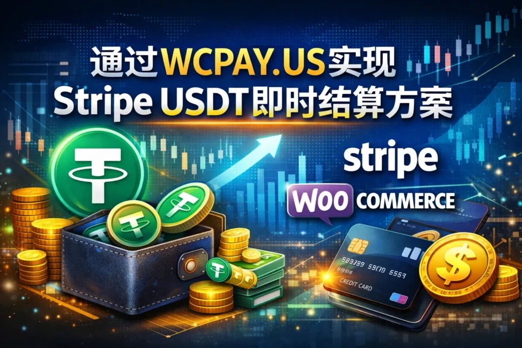 通过 WCPAY.US 使用 Stripe 实现 USDT 即时到账的 WooCommerce 高风险支付网关解决方案示意图