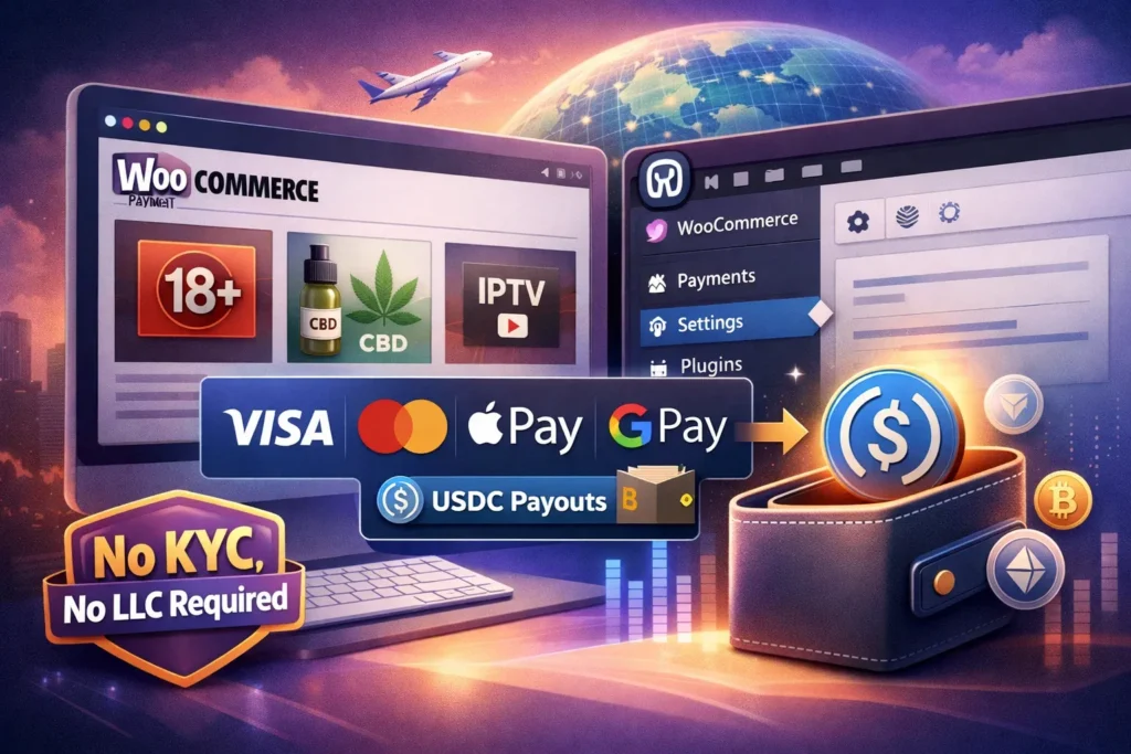 High-risk WooCommerce payment plugin with instant USDC payouts and no KYC