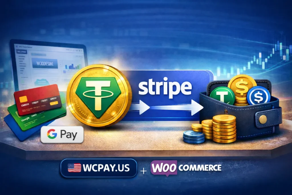 تصميم يوضح قبول مدفوعات USDT عبر Stripe للتجار عالية المخاطر باستخدام WCPAY.US على WooCommerce مع بطاقات بنكية ومحفظة عملات رقمية