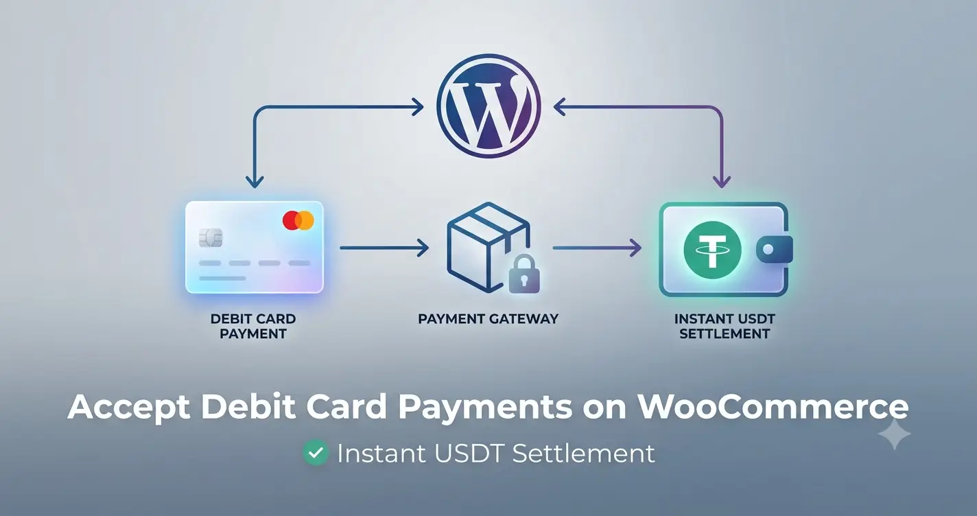 WooCommerce debit card payment form with USDT payout confirmation