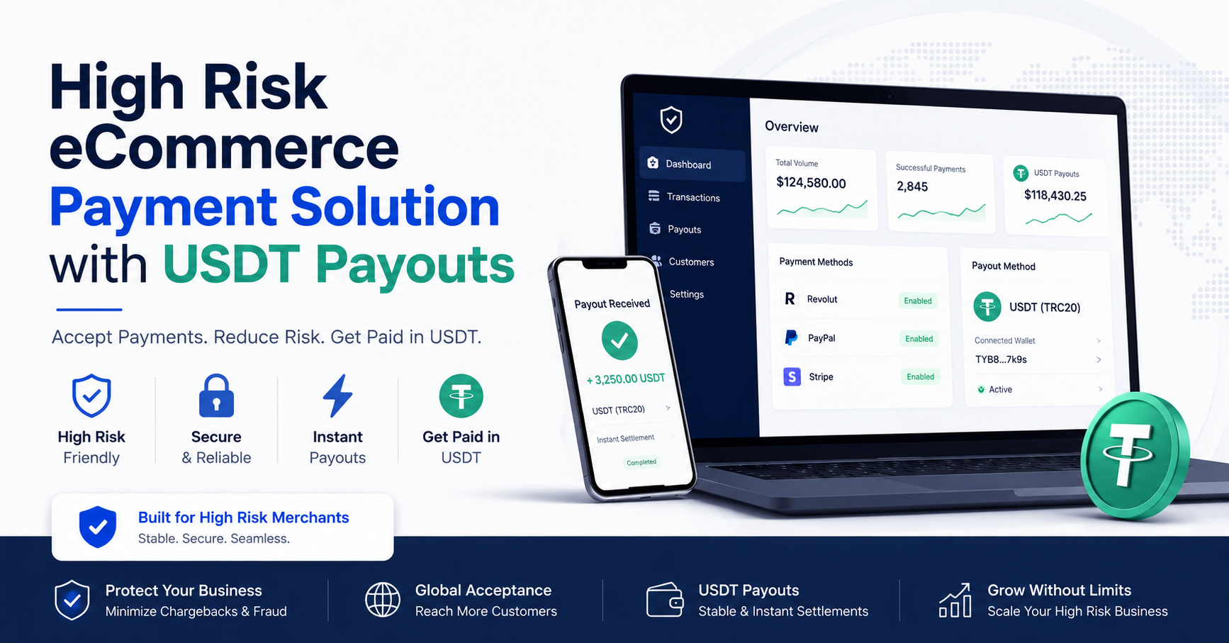 WooCommerce checkout showing card and crypto payment options for high risk merchants